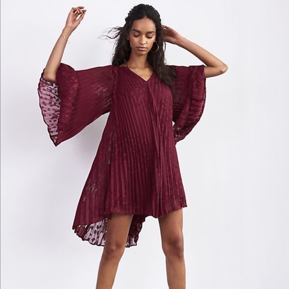 Anthropologie Burgundy Pleated V-Neck Bell Sleeve Dress